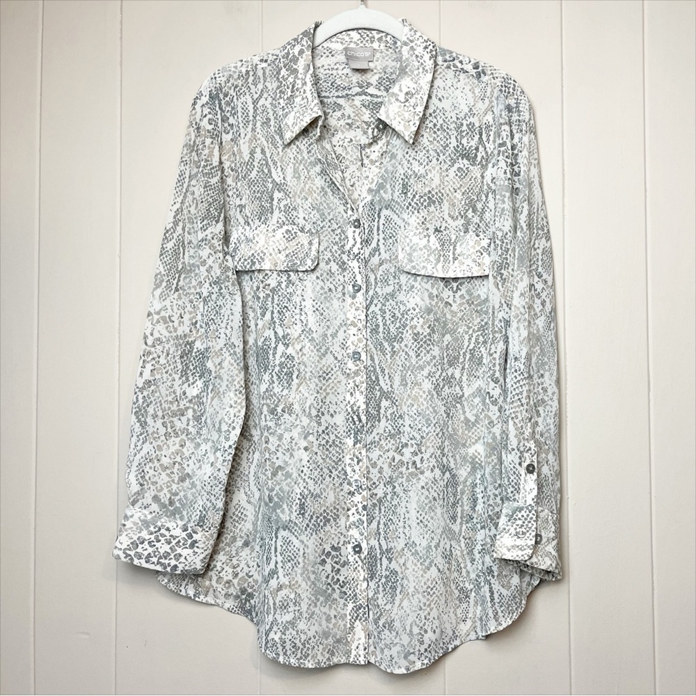 Chico’s Python Print Shirt 2 Large Gray Neutral B… - image 2